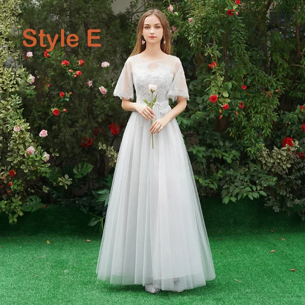 Chic / Beautiful Grey See-through Bridesmaid Dresses 2019 A-Line / Princess Appliques Lace Floor-Length / Long Ruffle Wedding Party Dresses