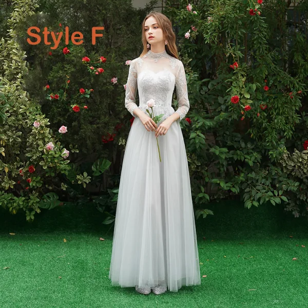 Chic / Beautiful Grey See-through Bridesmaid Dresses 2019 A-Line / Princess Appliques Lace Floor-Length / Long Ruffle Wedding Party Dresses