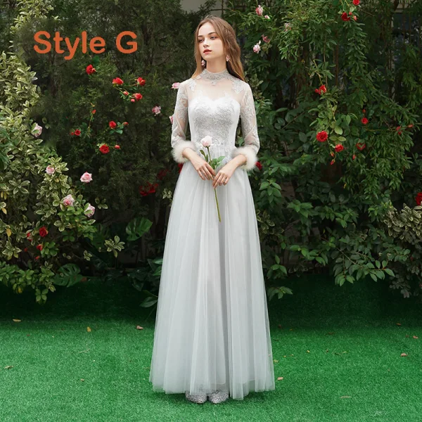 Chic / Beautiful Grey See-through Bridesmaid Dresses 2019 A-Line / Princess Appliques Lace Floor-Length / Long Ruffle Wedding Party Dresses