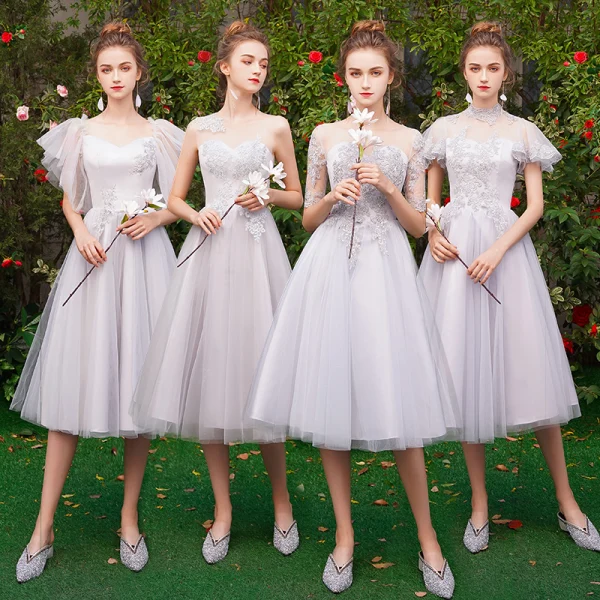 short bridesmaid dresses 2019 Gray Short Sleeves Unique Soft Beach Bridesmaid Dresses WG767 – SposaBridal