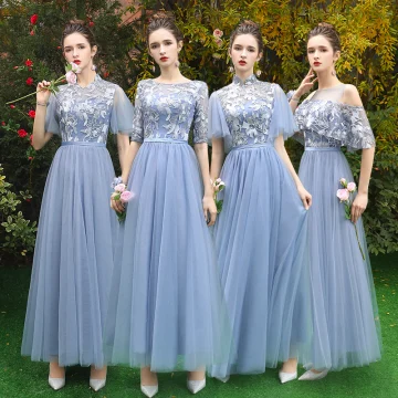 Discount Sky Blue See Through Bridesmaid Dresses 2019 A Line Princess Appliques Lace Floor Length Long Ruffle Backless Wedding Party Dresses