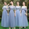 Discount Sky Blue See-through Bridesmaid Dresses 2019 A-Line / Princess Appliques Lace Floor-Length / Long Ruffle Backless Wedding Party Dresses