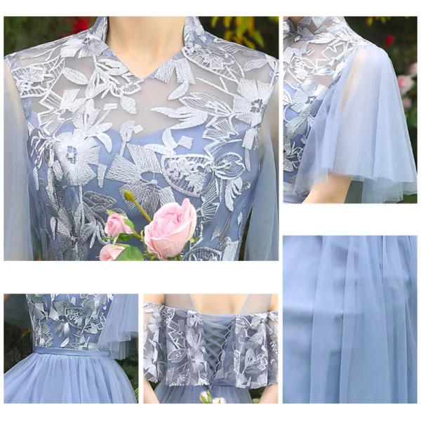 Discount Sky Blue See-through Bridesmaid Dresses 2019 A-Line / Princess Appliques Lace Floor-Length / Long Ruffle Backless Wedding Party Dresses