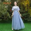 Discount Sky Blue See-through Bridesmaid Dresses 2019 A-Line / Princess Appliques Lace Floor-Length / Long Ruffle Backless Wedding Party Dresses