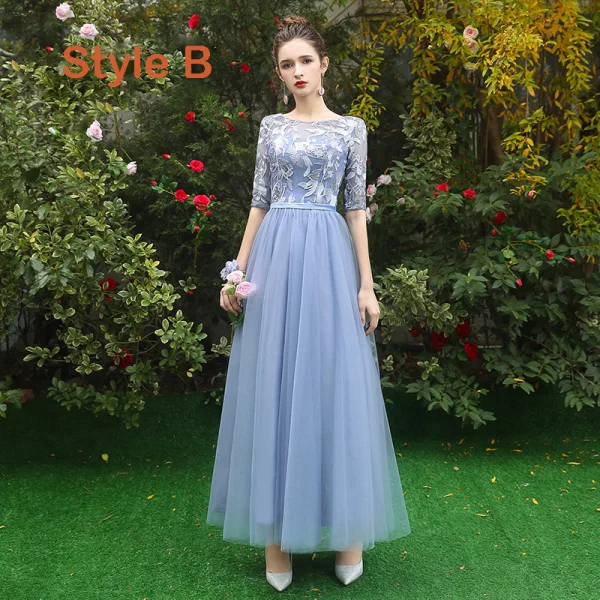 Discount Sky Blue See-through Bridesmaid Dresses 2019 A-Line / Princess Appliques Lace Floor-Length / Long Ruffle Backless Wedding Party Dresses