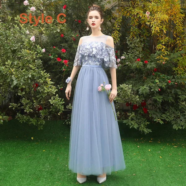 style your way 6 tie tulle long bridesmaid dress Modest Deep Blue Tulle Long Bridesmaid Dresses V Back main image 0