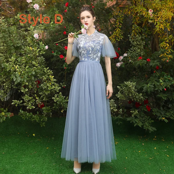 Discount Sky Blue See-through Bridesmaid Dresses 2019 A-Line / Princess Appliques Lace Floor-Length / Long Ruffle Backless Wedding Party Dresses
