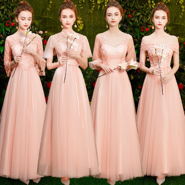 Affordable Pearl Pink Bridesmaid Dresses 2019 A-Line / Princess Appliques Lace Sash Floor-Length / Long Ruffle Backless Wedding Party Dresses
