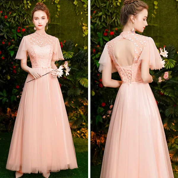 Affordable Pearl Pink Bridesmaid Dresses 2019 A-Line / Princess Appliques Lace Sash Floor-Length / Long Ruffle Backless Wedding Party Dresses