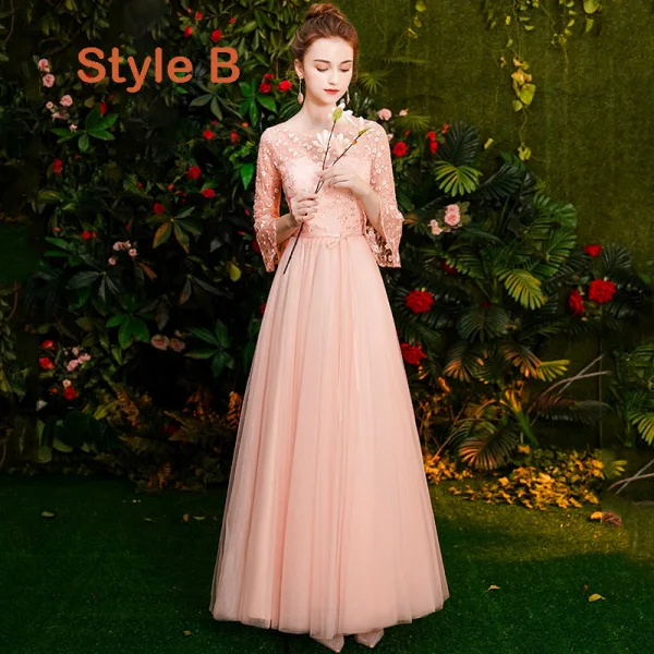 pink long sleeve bridesmaid dresses Lace Appliqued Bodice Pink Chiffon Long Mismatched Bridesmaid Dresses with Slit APD2254
