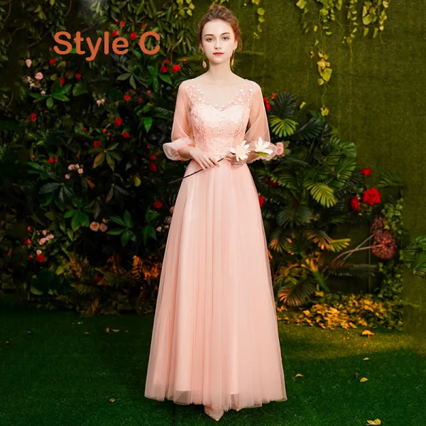 Affordable Pearl Pink Bridesmaid Dresses 2019 A-Line / Princess Appliques Lace Sash Floor-Length / Long Ruffle Backless Wedding Party Dresses
