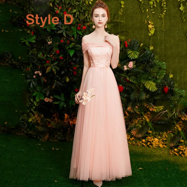 Affordable Pearl Pink Bridesmaid Dresses 2019 A-Line / Princess Appliques Lace Sash Floor-Length / Long Ruffle Backless Wedding Party Dresses