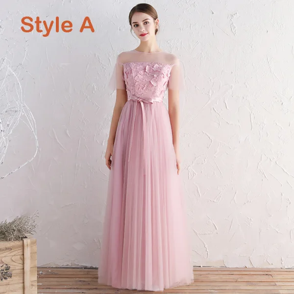 Affordable Blushing Pink Bridesmaid Dresses 2019 A-Line / Princess Sash Appliques Lace Floor-Length / Long Ruffle Wedding Party Dresses