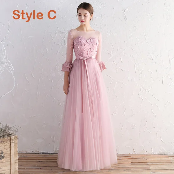 Affordable Blushing Pink Bridesmaid Dresses 2019 A-Line / Princess Sash Appliques Lace Floor-Length / Long Ruffle Wedding Party Dresses