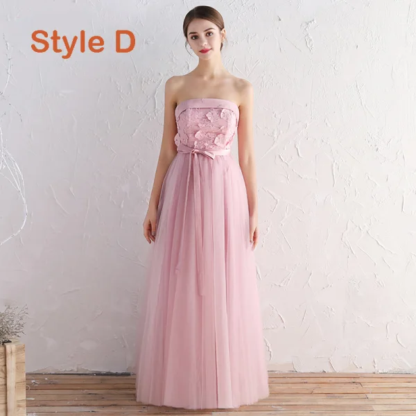 Affordable Blushing Pink Bridesmaid Dresses 2019 A-Line / Princess Sash Appliques Lace Floor-Length / Long Ruffle Wedding Party Dresses