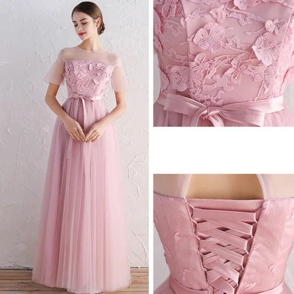 Affordable Blushing Pink Bridesmaid Dresses 2019 A-Line / Princess Sash Appliques Lace Floor-Length / Long Ruffle Wedding Party Dresses