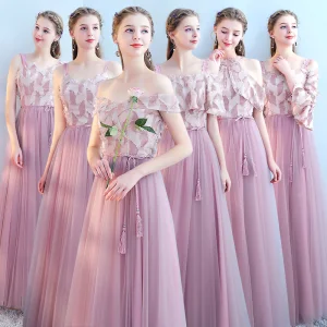 Affordable Blushing Pink Bridesmaid Dresses 2019 A Line Princess Sash Floor Length Long Ruffle Wedding Party Dresses