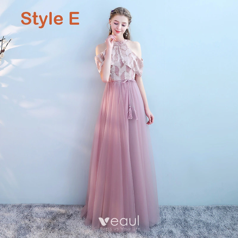 Affordable Blushing Pink Bridesmaid Dresses 2019 A-Line / Princess Sash Floor-Length / Long Ruffle Wedding Party Dresses
