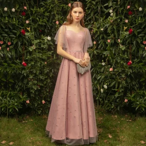 Stilig Perle Rosa Brudepikekjoler 2019 Prinsesse Firkantet Hals Korte Ermer Perle Lange Buste Ryggløse Kjoler Til Bryllup