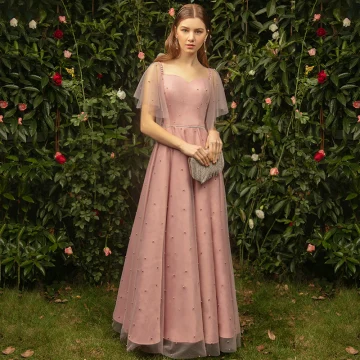 Classy Pearl Pink Bridesmaid Dresses 2019 A Line Princess Square Neckline Short Sleeve Pearl Floor Length Long Ruffle Backless Wedding Party Dresses