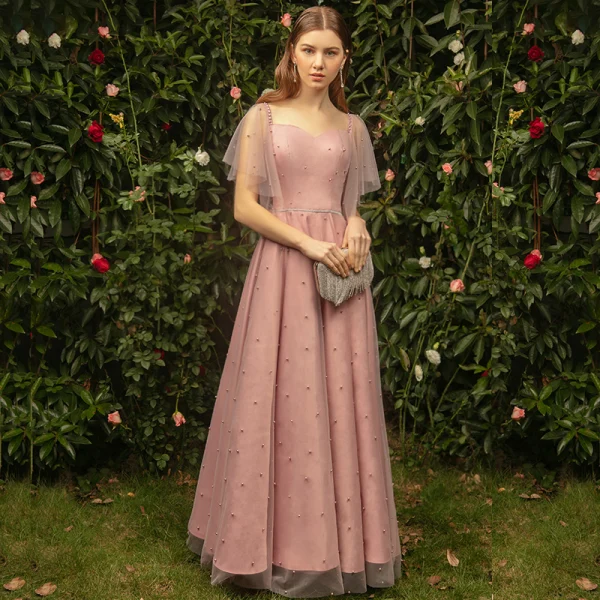Classy Pearl Pink Bridesmaid Dresses 2019 A-Line / Princess Square Neckline Short Sleeve Pearl Floor-Length / Long Ruffle Backless Wedding Party Dresses