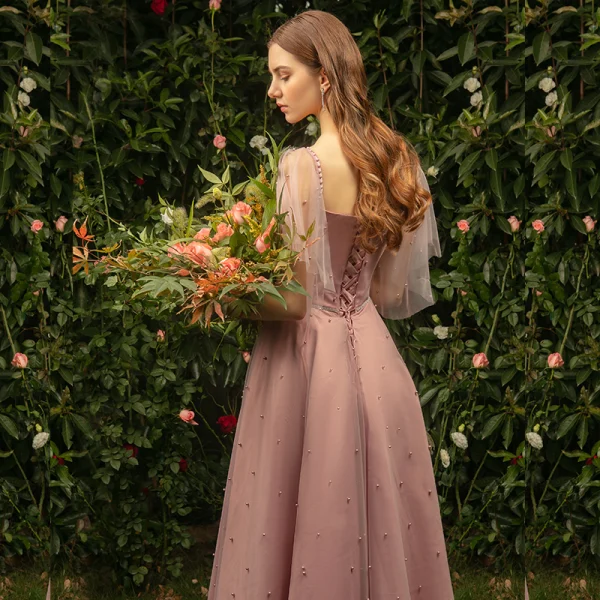 Classy Pearl Pink Bridesmaid Dresses 2019 A-Line / Princess Square Neckline Short Sleeve Pearl Floor-Length / Long Ruffle Backless Wedding Party Dresses