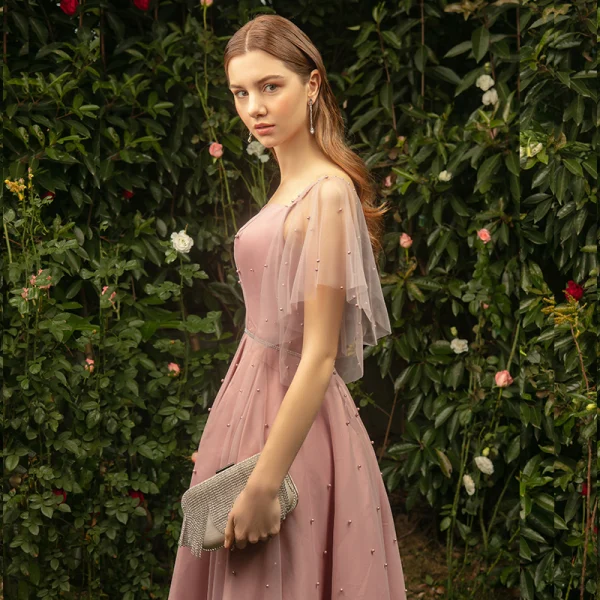 Classy Pearl Pink Bridesmaid Dresses 2019 A-Line / Princess Square Neckline Short Sleeve Pearl Floor-Length / Long Ruffle Backless Wedding Party Dresses