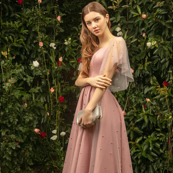 Classy Pearl Pink Bridesmaid Dresses 2019 A-Line / Princess Square Neckline Short Sleeve Pearl Floor-Length / Long Ruffle Backless Wedding Party Dresses
