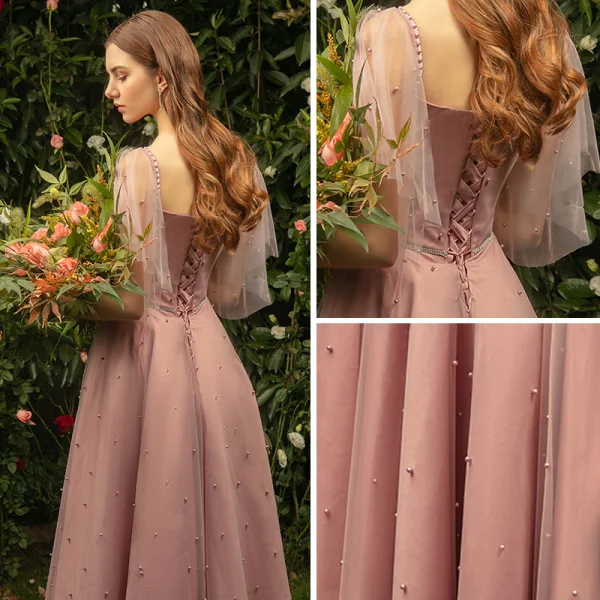 Classy Pearl Pink Bridesmaid Dresses 2019 A-Line / Princess Square Neckline Short Sleeve Pearl Floor-Length / Long Ruffle Backless Wedding Party Dresses