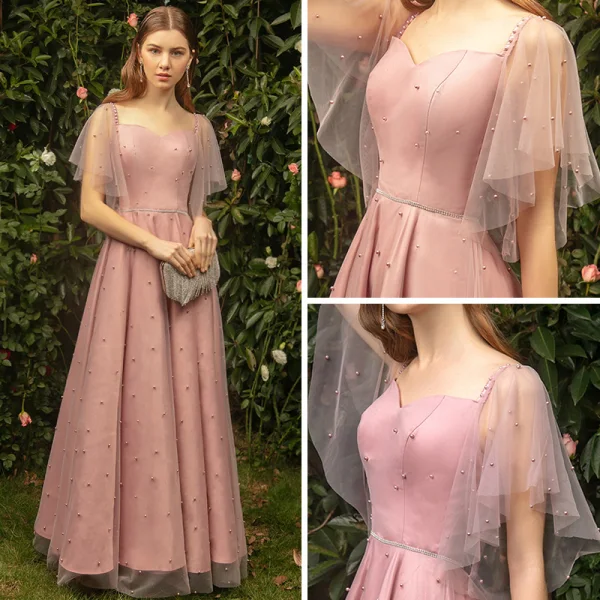 Classy Pearl Pink Bridesmaid Dresses 2019 A-Line / Princess Square Neckline Short Sleeve Pearl Floor-Length / Long Ruffle Backless Wedding Party Dresses