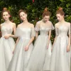 Chic / Beautiful Grey Bridesmaid Dresses 2019 A-Line / Princess Appliques Lace Short Ruffle Wedding Party Dresses