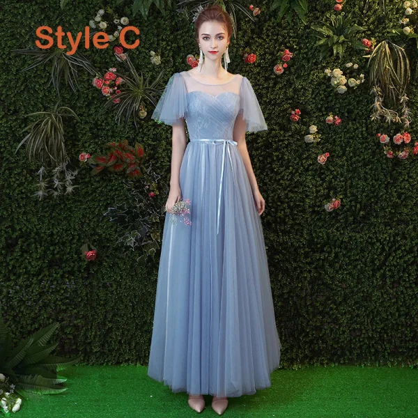 Chic / Beautiful Sky Blue Bridesmaid Dresses 2019 A-Line / Princess Sash Floor-Length / Long Ruffle Backless Wedding Party Dresses