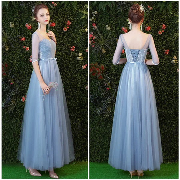 Chic / Beautiful Sky Blue Bridesmaid Dresses 2019 A-Line / Princess Sash Floor-Length / Long Ruffle Backless Wedding Party Dresses