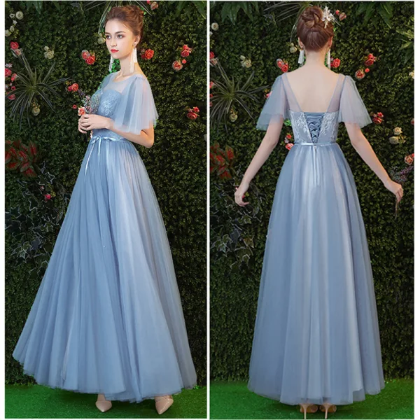 Chic / Beautiful Sky Blue Bridesmaid Dresses 2019 A-Line / Princess Sash Floor-Length / Long Ruffle Backless Wedding Party Dresses