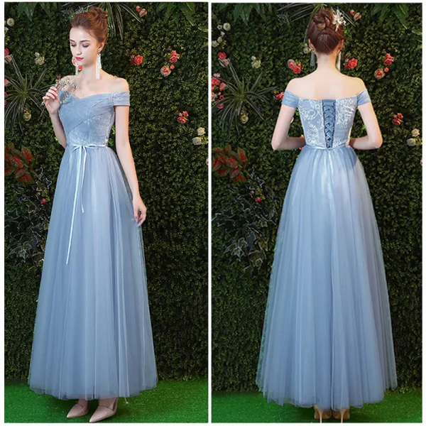 Chic / Beautiful Sky Blue Bridesmaid Dresses 2019 A-Line / Princess Sash Floor-Length / Long Ruffle Backless Wedding Party Dresses