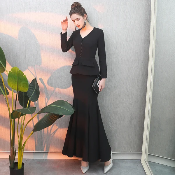 Modest / Simple Black Evening Dresses 2019 Trumpet / Mermaid V-Neck Sleeveless Floor-Length / Long Ruffle Formal Dresses