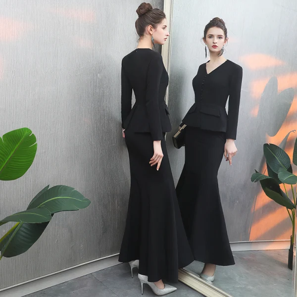 Modest / Simple Black Evening Dresses 2019 Trumpet / Mermaid V-Neck Sleeveless Floor-Length / Long Ruffle Formal Dresses