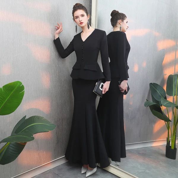 Modest / Simple Black Evening Dresses 2019 Trumpet / Mermaid V-Neck Sleeveless Floor-Length / Long Ruffle Formal Dresses