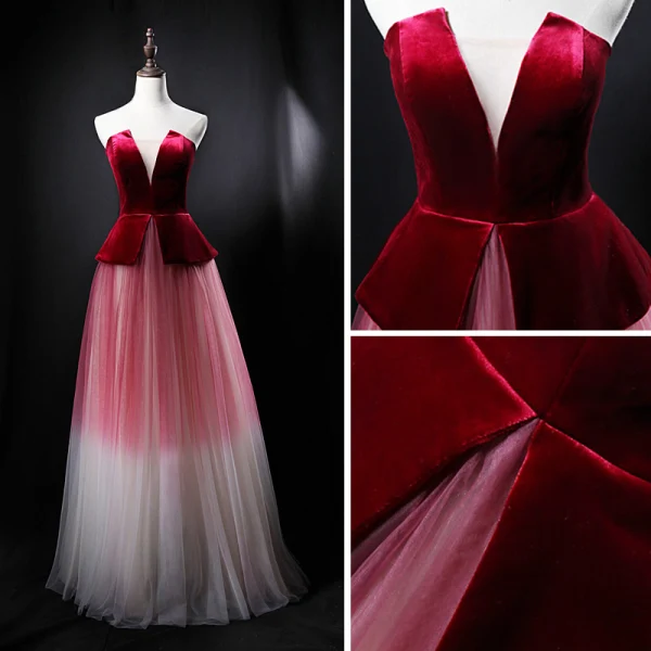 Snygga / Fina Burgundy Gradient-Färg Mocka Aftonklänningar 2018 Prinsessa Axelbandslös Ärmlös Långa Ruffle Halterneck Formella Klänningar