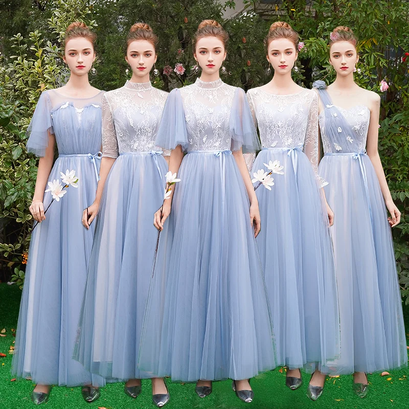 Chic Beautiful Discount Sky Blue Bridesmaid Dresses 2019 A Line Princess  Appliques Lace Sash Floor Length Long Ruffle Backless Wedding Party Dresses
