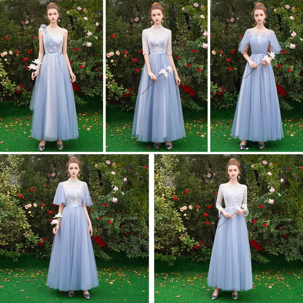 Chic / Beautiful Discount Sky Blue Bridesmaid Dresses 2019 A-Line / Princess Appliques Lace Sash Floor-Length / Long Ruffle Backless Wedding Party Dresses