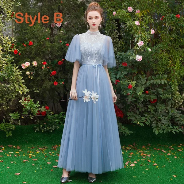 Chic / Beautiful Discount Sky Blue Bridesmaid Dresses 2019 A-Line / Princess Appliques Lace Sash Floor-Length / Long Ruffle Backless Wedding Party Dresses