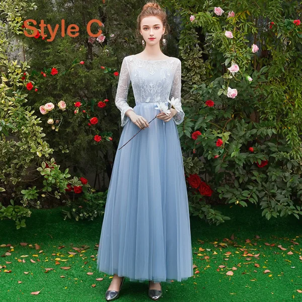 Chic / Beautiful Discount Sky Blue Bridesmaid Dresses 2019 A-Line / Princess Appliques Lace Sash Floor-Length / Long Ruffle Backless Wedding Party Dresses