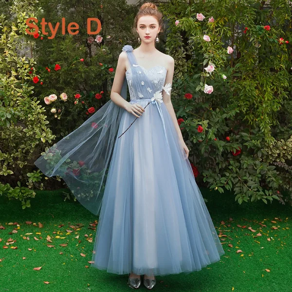 Chic / Beautiful Discount Sky Blue Bridesmaid Dresses 2019 A-Line / Princess Appliques Lace Sash Floor-Length / Long Ruffle Backless Wedding Party Dresses