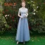 Chic / Beautiful Discount Sky Blue Bridesmaid Dresses 2019 A-Line / Princess Appliques Lace Sash Floor-Length / Long Ruffle Backless Wedding Party Dresses