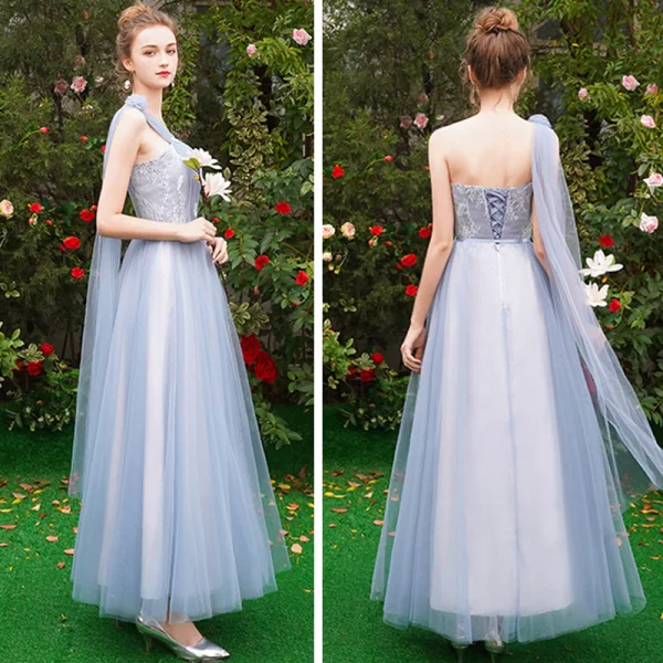 Chic / Beautiful Discount Sky Blue Bridesmaid Dresses 2019 A-Line / Princess Appliques Lace Sash Floor-Length / Long Ruffle Backless Wedding Party Dresses
