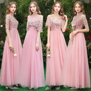 Affordable Candy Pink Bridesmaid Dresses 2019 A Line Princess Appliques Lace Sash Floor Length Long Ruffle Wedding Party Dresses