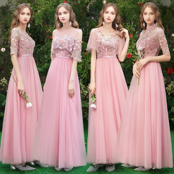 Affordable Candy Pink Bridesmaid Dresses 2019 A-Line / Princess Appliques Lace Sash Floor-Length / Long Ruffle Wedding Party Dresses
