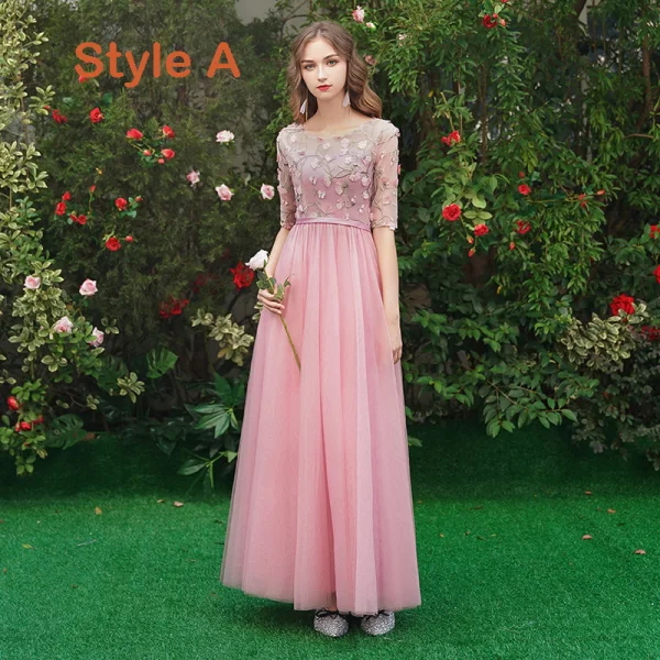 Affordable Candy Pink Bridesmaid Dresses 2019 A-Line / Princess Appliques Lace Sash Floor-Length / Long Ruffle Wedding Party Dresses