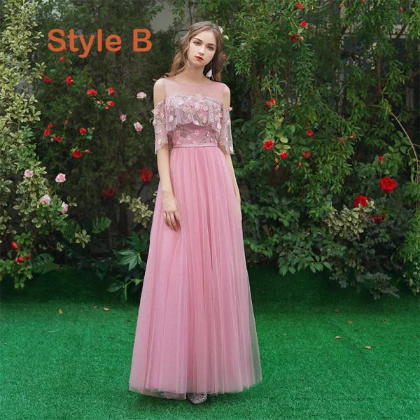 Affordable Candy Pink Bridesmaid Dresses 2019 A-Line / Princess Appliques Lace Sash Floor-Length / Long Ruffle Wedding Party Dresses